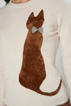 Maglia girocollo in filato di lana merinos e cashmere con gatto in ciniglia.