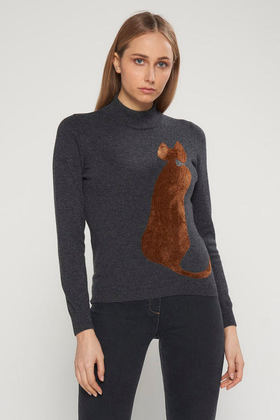 Maglia lupetto in filato di lana merinos e cashmere, con gatto in ciniglia.
