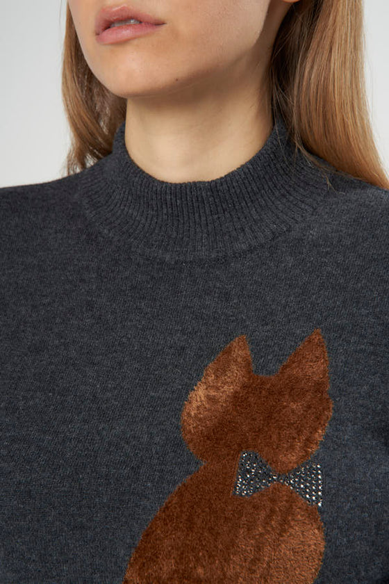 Maglia lupetto in filato di lana merinos e cashmere, con gatto in ciniglia.