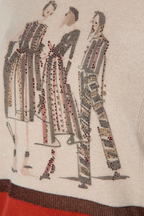 Maglia girocollo in filato di lana merinos e cashmere, con stampa di donne.