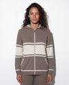 Felpa bicolore con cappuccio in filato di lana merinos, cashmere e seta.