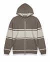 Felpa bicolore con cappuccio in filato di lana merinos, cashmere e seta.