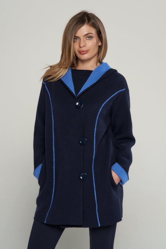Montgomery double bicolore in filato di lana merinos e cashmere.