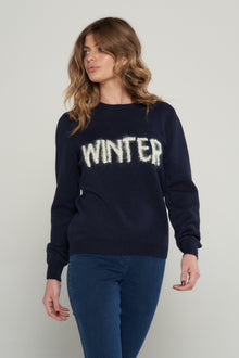  Maglioncino girocollo con scritta"WINTER"in filato di lana merinos e cashmere.